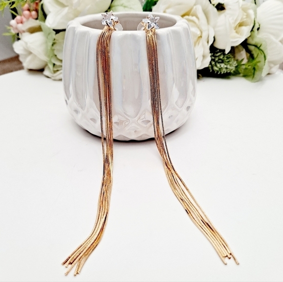 💖 2/$30 Shooting Star rhinestone boho stud long gold tone tassel drop earrings - Picture 16 of 17